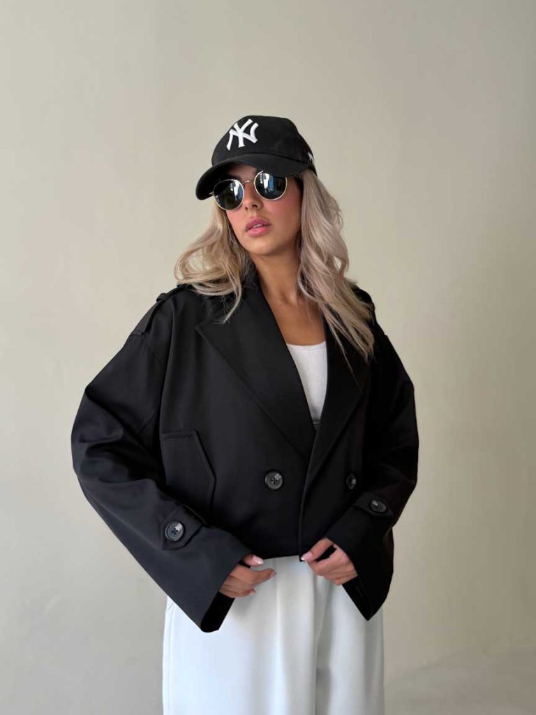Veste trench courte noire oversize, double boutonnage