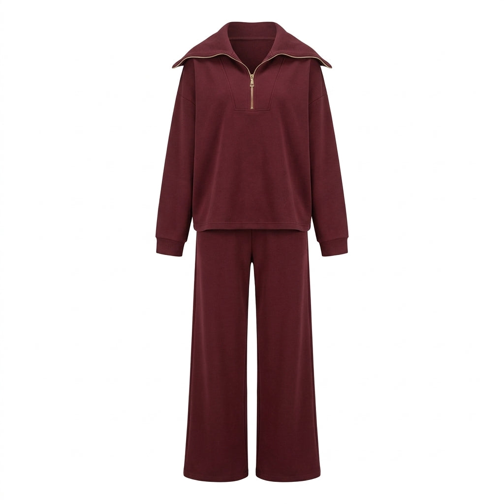 Ensemble bordeaux sweat à grand col zip doré et pantalon large sur mannequin