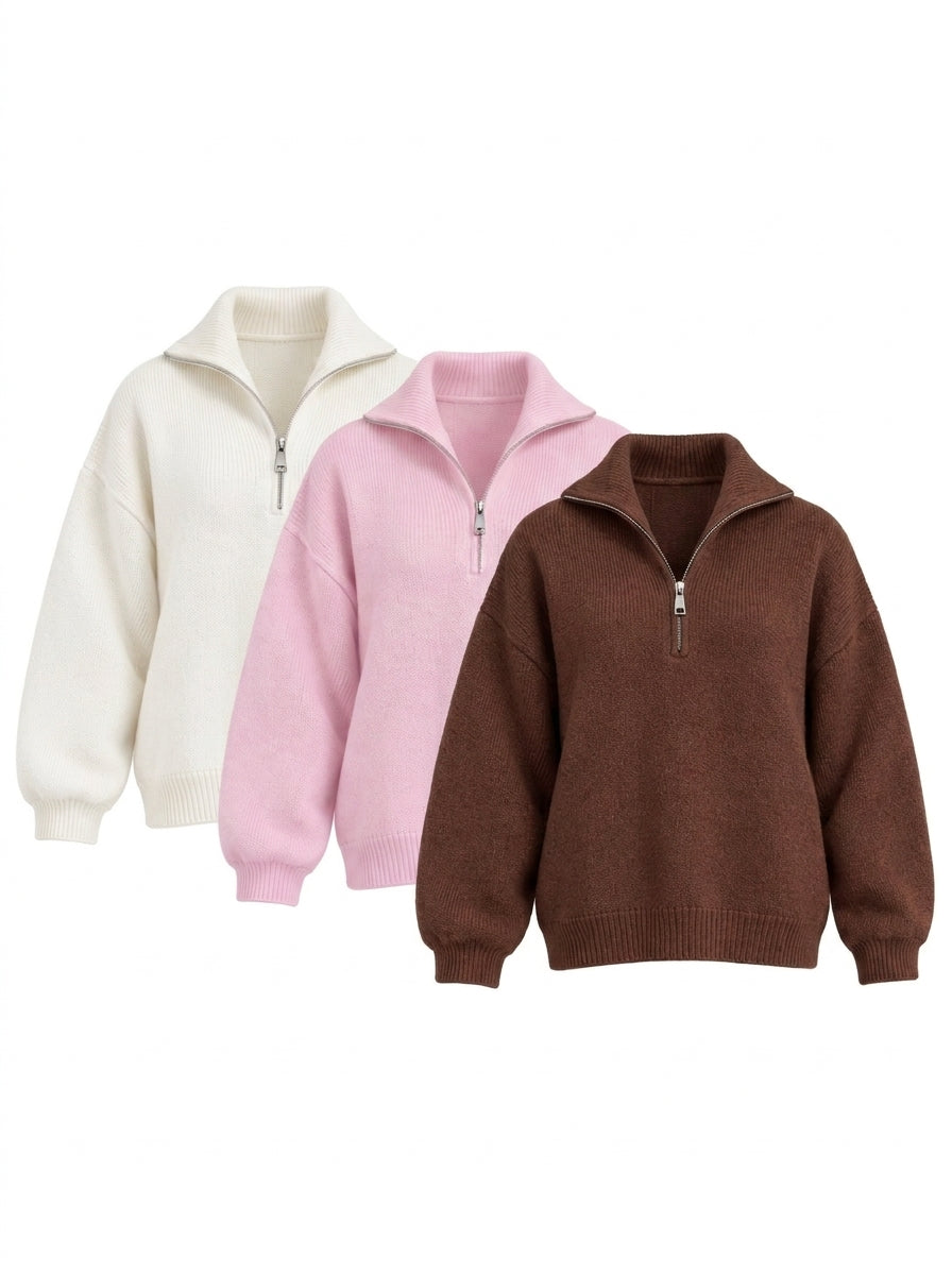 Pull demi-zip grosse maille en écru, rose et marron