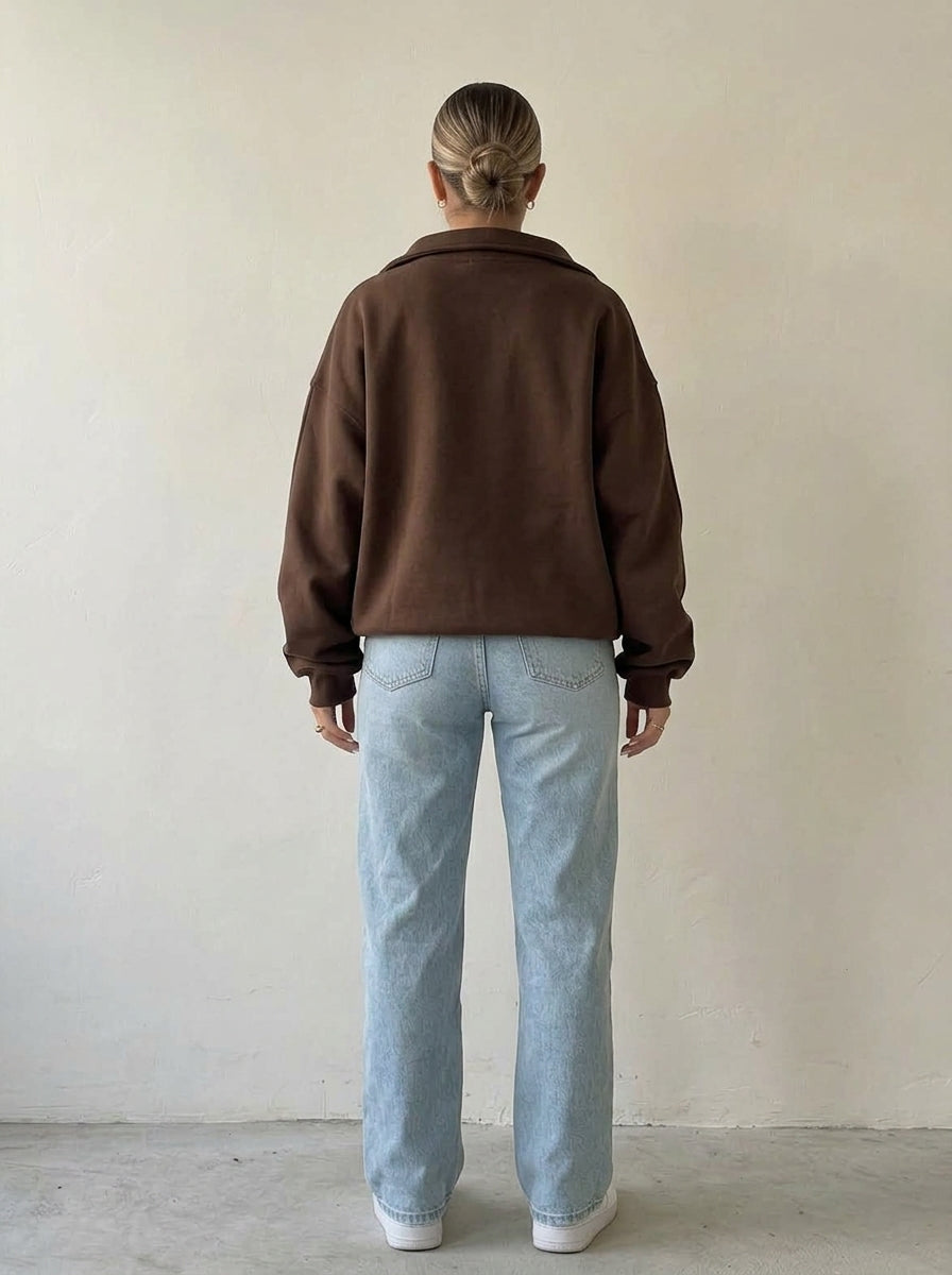 Dos du sweat demi-zip oversize marron chocolat
